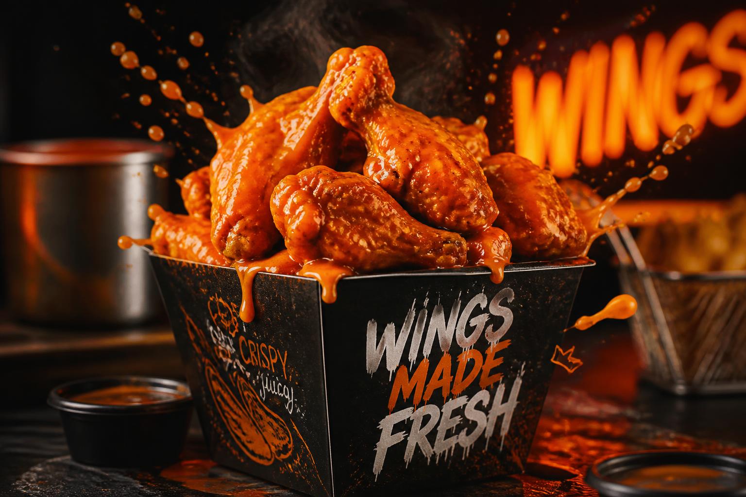 Orden de alitas de pollo con salsa y papas especiales de Alas Box